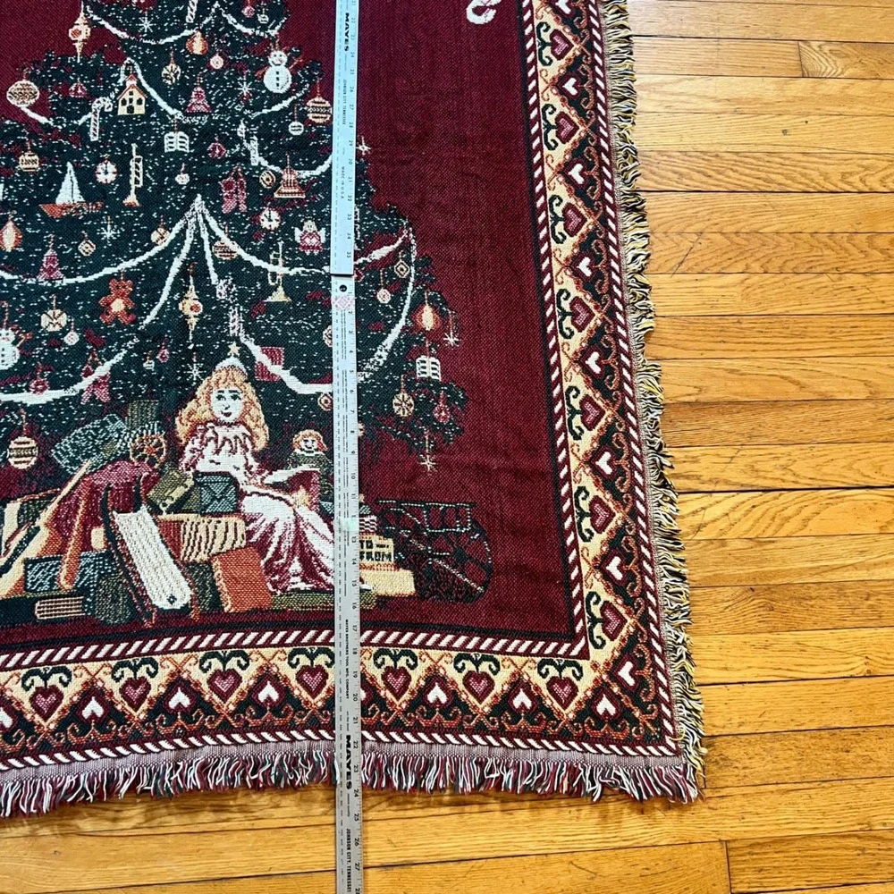 Crown Crafts Christmas Tree Woven Tapestry Throw Blanket Burgundy Cotton USA